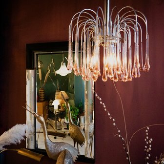 Vintage Murano glazen teardrop kroonluchter hanglamp chroom roze | Sprinkelhop
