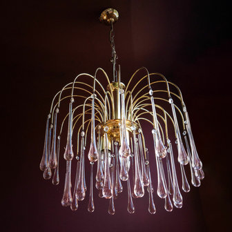 Vintage messing Murano glazen teardrop kroonluchter hanglamp roze | Sprinkelhop