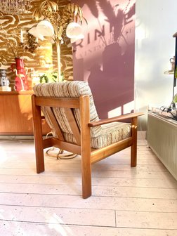 Vintage teak houten fauteuil gestreepte stof | Sprinkelhop