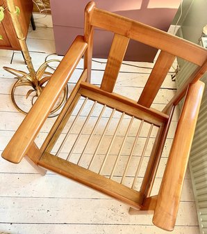 Vintage teak houten fauteuil gestreepte stof | Sprinkelhop