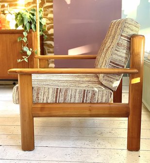 Vintage teak houten fauteuil gestreepte stof | Sprinkelhop