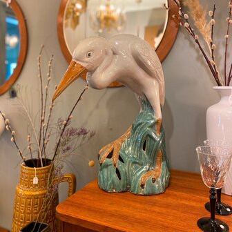 Vintage reiger beeld wit met groen keramiek | Sprinkelhop