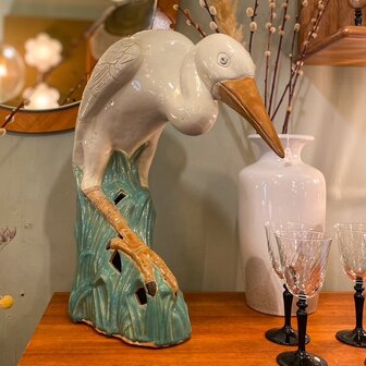 Vintage reiger beeld wit met groen keramiek | Sprinkelhop