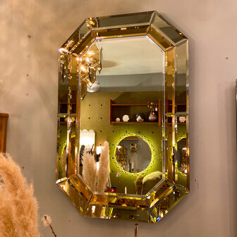 Vintage rechthoekige goudkleurige rookglazen spiegel facet geslepen octagon| Sprinkelhop