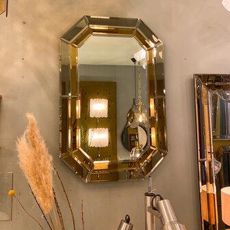 Vintage rechthoekige goudkleurige rookglazen spiegel facet geslepen octagon| Sprinkelhop