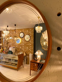 Vintage Hillebrand ronde spiegel teak met verlichting | Sprinkelhop