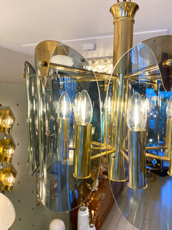 Vintage messing kroonluchter grijze rookglazen platen 1970s | Sprinkelhop