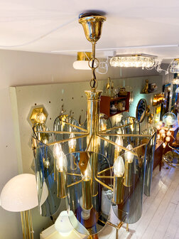 Vintage messing kroonluchter grijze rookglazen platen 1970s | Sprinkelhop