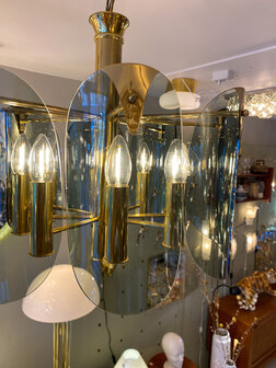 Vintage messing kroonluchter grijze rookglazen platen 1970s | Sprinkelhop