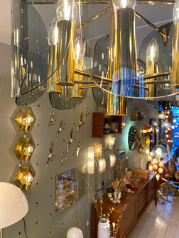 Vintage messing kroonluchter grijze rookglazen platen 1970s | Sprinkelhop