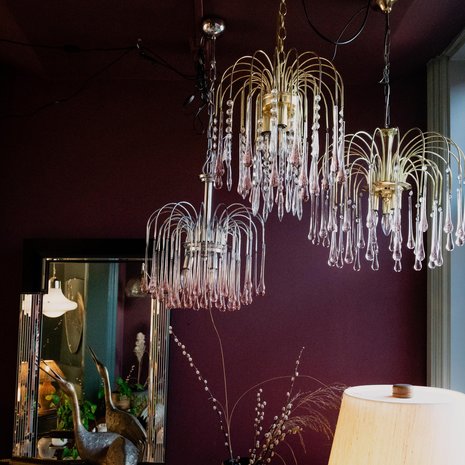 Vintage messing Murano glazen teardrop kroonluchter hanglamp roze | Sprinkelhop