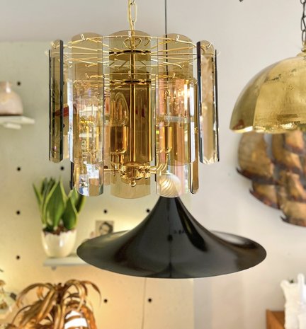 Vintage messing rookglazen platen hanglamp | Sprinkelhop