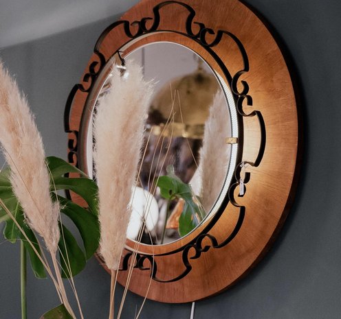 Vintage teak houten zwart metalen ronde spiegel met verlichting | Sprinkelhop