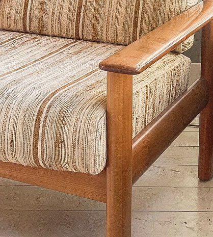 Vintage teak houten fauteuil gestreepte stof | Sprinkelhop