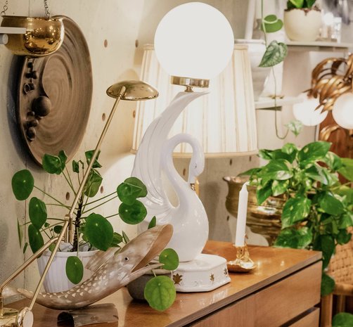 Vintage zwaan tafellamp keramiek wit goud | Sprinkelhop