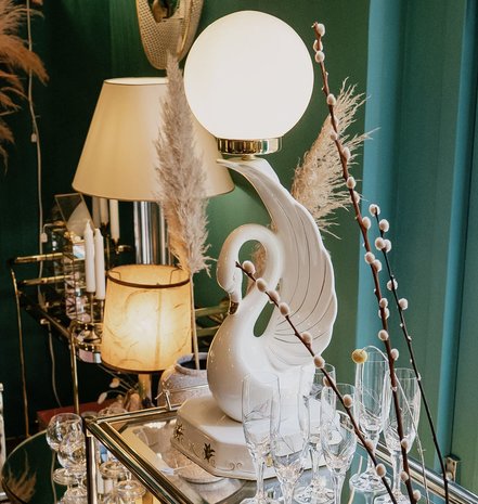 Vintage zwaan tafellamp keramiek wit goud | Sprinkelhop