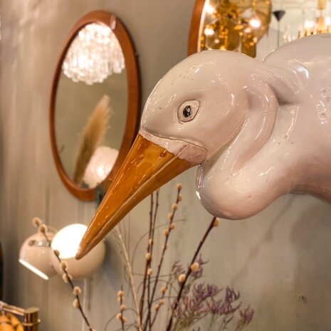 Vintage reiger beeld wit met groen keramiek | Sprinkelhop