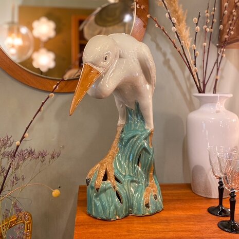 Vintage reiger beeld wit met groen keramiek | Sprinkelhop