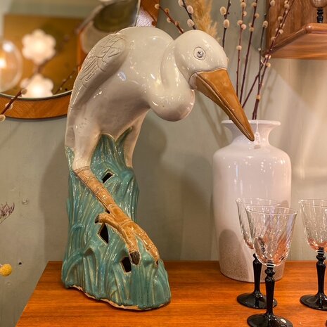 Vintage reiger beeld wit met groen keramiek | Sprinkelhop