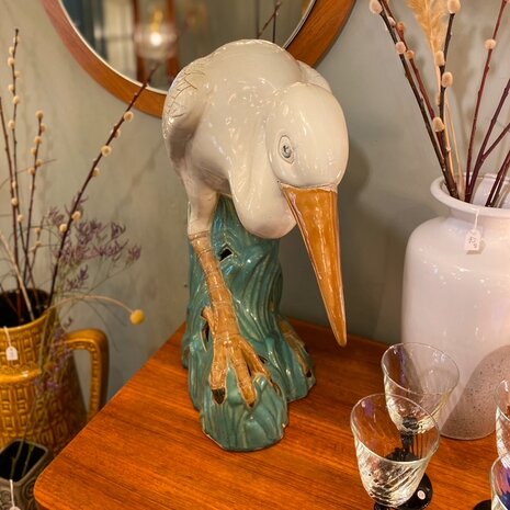 Vintage reiger beeld wit met groen keramiek | Sprinkelhop