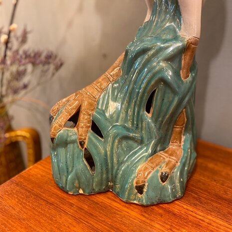 Vintage reiger beeld wit met groen keramiek | Sprinkelhop