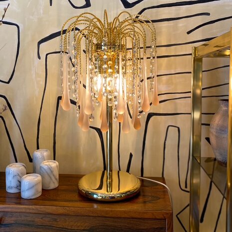 Vintage teardrop tafellamp muranoglas roze en transparant | Sprinkelhop