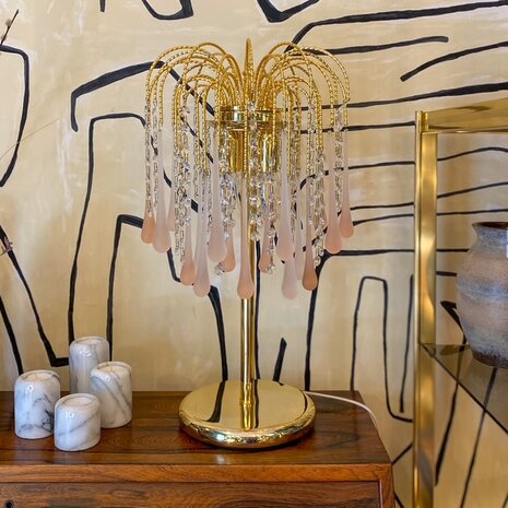 Vintage teardrop tafellamp muranoglas roze en transparant | Sprinkelhop