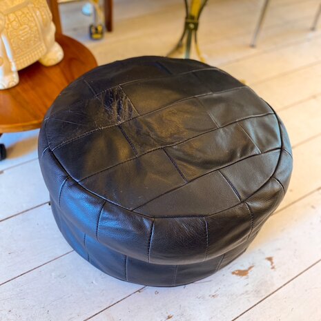 Vintage ronde poef leer bruin | Sprinkelhop