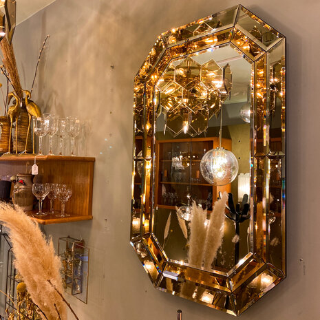 Vintage rechthoekige goudkleurige rookglazen spiegel facet geslepen octagon| Sprinkelhop
