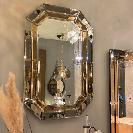 Vintage rechthoekige goudkleurige rookglazen spiegel facet geslepen octagon| Sprinkelhop