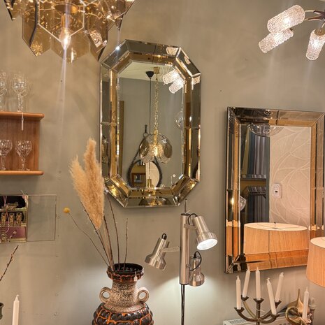 Vintage rechthoekige goudkleurige rookglazen spiegel facet geslepen octagon| Sprinkelhop