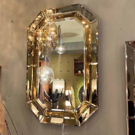 Vintage rechthoekige goudkleurige rookglazen spiegel facet geslepen octagon| Sprinkelhop