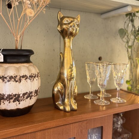 Vintage messing zittende kat beeld