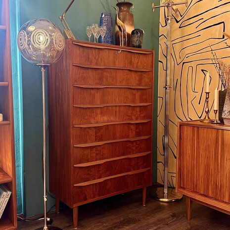 Vintage zeldzame midcentury teak Deense ladekast met 8 lades | Sprinkelhop