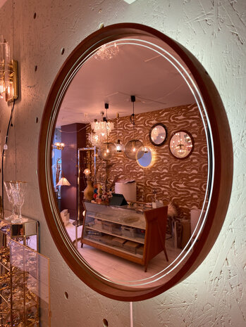 Vintage Hillebrand ronde spiegel teak met verlichting | Sprinkelhop