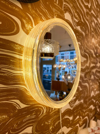 Hillebrand vintage plexiglazen ronde spiegel met verlichting | Sprinkelhop