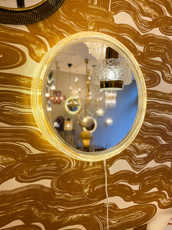 Hillebrand vintage plexiglazen ronde spiegel met verlichting | Sprinkelhop