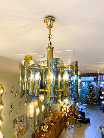 Vintage messing kroonluchter grijze rookglazen platen 1970s | Sprinkelhop