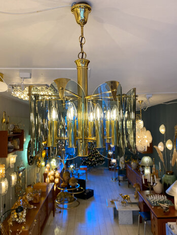 Vintage messing kroonluchter grijze rookglazen platen 1970s | Sprinkelhop