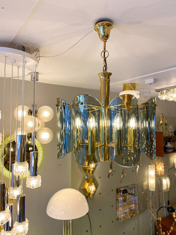 Vintage messing kroonluchter grijze rookglazen platen 1970s | Sprinkelhop