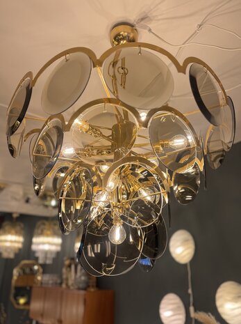Vintage Italiaanse Vistosi rookglazen schijven kroonluchter hanglamp XL | Sprinkelhop