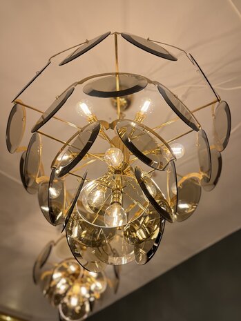 Vintage Italiaanse Vistosi rookglazen schijven kroonluchter hanglamp XL | Sprinkelhop
