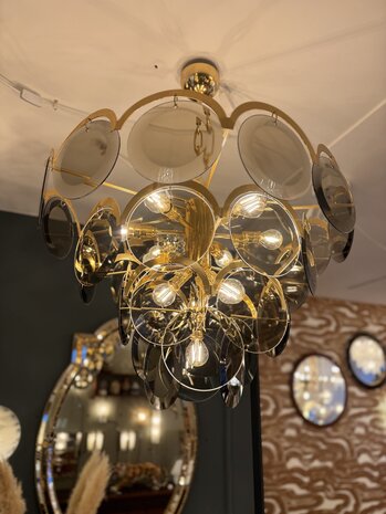 Vintage Italiaanse Vistosi rookglazen schijven kroonluchter hanglamp XL | Sprinkelhop