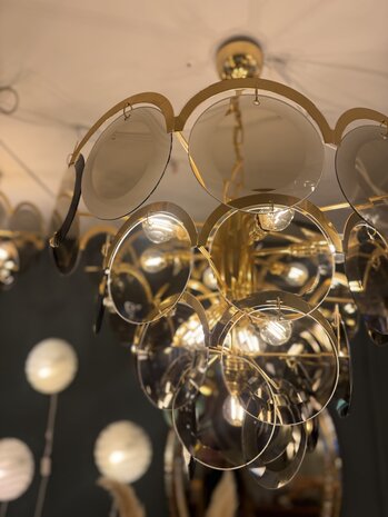 Vintage Italiaanse Vistosi rookglazen schijven kroonluchter hanglamp XL | Sprinkelhop