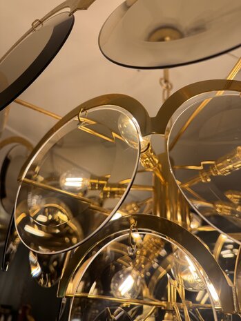 Vintage Italiaanse Vistosi rookglazen schijven kroonluchter hanglamp XL | Sprinkelhop