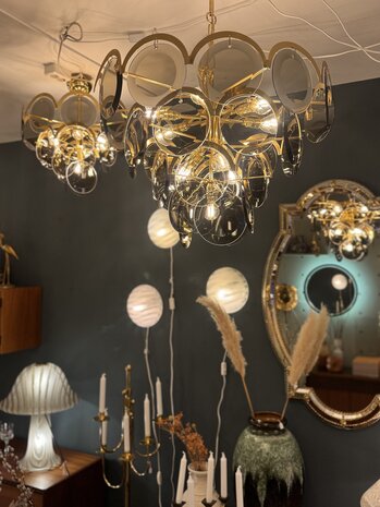 Vintage Italiaanse Vistosi rookglazen schijven kroonluchter hanglamp XL | Sprinkelhop