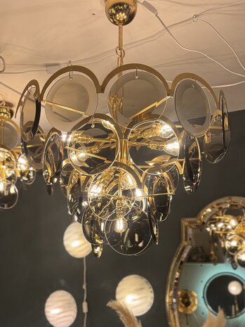 Vintage Italiaanse Vistosi rookglazen schijven kroonluchter hanglamp XL | Sprinkelhop