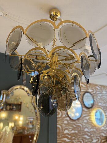 Vintage Italiaanse Vistosi rookglazen schijven kroonluchter hanglamp XL | Sprinkelhop