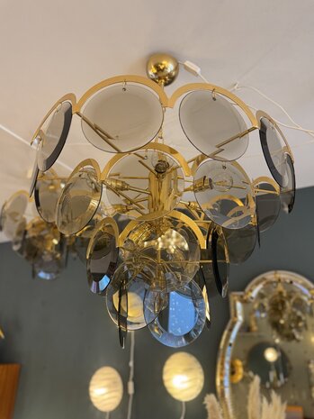 Vintage Italiaanse Vistosi rookglazen schijven kroonluchter hanglamp XL | Sprinkelhop