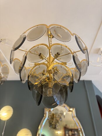 Vintage Italiaanse Vistosi rookglazen schijven kroonluchter hanglamp XL | Sprinkelhop